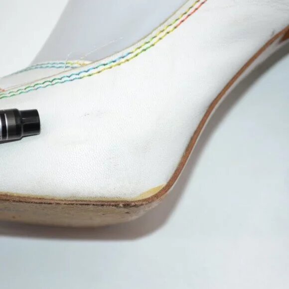 Vintage Miss Sixty White Green Chunky Peep Toe Slingback Leather Heels 39 8.5 9 - Picture 10 of 16